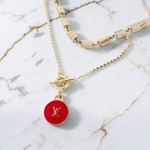 Luxury Double Sided Red/Gold Logo Repurposed Zipper Pull Necklace With Toggle